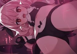  1girl breasts demon_girl fangs female_focus from_below gloves handjob_gesture highres loli long_hair looking_at_viewer looking_down open_mouth original panties pink_hair red_eyes robo_mikan small_breasts smile solo underwear  rating:Questionable score:87 user:N/Alover12