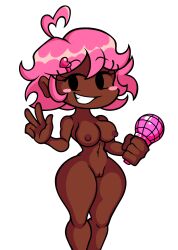  ahoge black_eyes blush breasts completely_nude dark-skinned_female dark_skin feet_out_of_frame friday_night_funkin&#039; grin hair_ornament heart heart_hair_ornament highres human_pink_(friday_night_funkin) medium_breasts microphone nude pink_(among_us) pink_hair short_hair smile w wavy_hair wide_hips  rating:Explicit score:4 user:Mattchu71