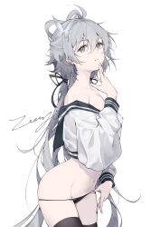  1girl absurdres ahoge artist_name bare_shoulders black_panties black_ribbon black_sailor_collar black_thighhighs butterfly_hair_ornament commentary cowboy_shot finger_to_mouth from_side grey_eyes grey_hair groin hair_between_eyes hair_ornament hair_ribbon hair_rings highres long_hair long_sleeves looking_at_viewer luo_tianyi navel no_pants off_shoulder panties parted_lips puffy_long_sleeves puffy_sleeves ribbon sailor_collar sailor_shirt shirt signature silhouette simple_background string_panties thighhighs underwear very_long_hair vocaloid vsinger white_background zoooyt 