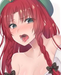 1girl asa_(coco) bare_shoulders beret black_bow blue_eyes blush bow braid breasts cleavage collarbone commentary hair_bow hat hong_meiling long_hair looking_at_viewer nose_blush off_shoulder open_mouth red_hair saliva saliva_trail solo star_(symbol) teeth tongue tongue_out touhou twin_braids upper_body uvula rating:Questionable score:25 user:danbooru