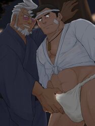  2boys abs ace_attorney alternate_costume bara beard black_hair blue_kimono bulge commission covered_erect_nipples cowboy_shot crotch_grab damon_gant dick_gumshoe erection erection_under_clothes facial_hair from_below full_beard fundoshi goatee_stubble hachimaki headband hima_hawa japanese_clothes kimono large_pectorals male_focus mature_male multiple_boys muscular muscular_male navel pectoral_cleavage pectorals shirt short_hair skeb_commission smirk standing stubble summer_festival sunglasses thick_beard thick_eyebrows thick_thighs thighs tied_shirt wet wet_clothes wet_fundoshi yaoi 