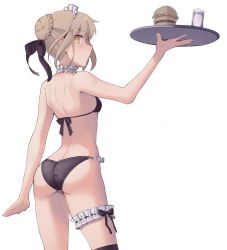 1girl absurdres arm_up artoria_pendragon_(all) artoria_pendragon_(alter_swimsuit_rider)_(fate) artoria_pendragon_(fate) ass asymmetrical_legwear bare_arms bare_shoulders bikini black_bikini black_ribbon black_socks blonde_hair blunt_bangs boa_(brianoa) braid burger closed_mouth commentary cowboy_shot fate/grand_order fate_(series) food from_behind glass hair_bun headdress highres holding holding_tray kneehighs looking_at_viewer looking_back maid maid_bikini neck_garter ribbon saber_alter simple_background single_hair_bun single_kneehigh single_sock skin_tight socks solo standing swimsuit tray unconventional_maid uneven_legwear white_background yellow_eyes rating:Questionable score:50 user:Yavie