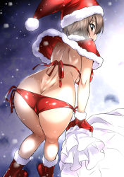 10s 1girl alternate_costume ass back bend bikini blush breasts brown_eyes brown_hair butt_crack capelet christmas commentary_request fur_trim girls_und_panzer gloves hat highres kneepits large_breasts looking_at_viewer looking_back nakahira_guy nishizumi_maho red_bikini red_footwear red_gloves sack santa_costume santa_hat short_hair side-tie_bikini_bottom snow solo swimsuit rating:Sensitive score:33 user:danbooru