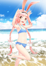  1girl absurdres animal_ears armpits arms_up barefoot beach bikini blue_bikini braid breasts brown_eyes bunny_ears bunny_pose cloud hairband hanba_rou highres long_hair mimi_(princess_connect!) navel ocean open_mouth outdoors princess_connect! princess_connect!_re:dive sky small_breasts smile solo standing standing_on_one_leg swimsuit swimwear twin_braids twintails very_long_hair 