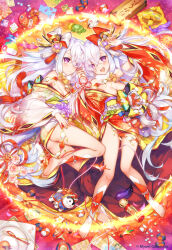  2girls age_of_ishtaria arm_up bare_shoulders barefoot blush bow breasts cleavage copyright_notice detached_sleeves floral_print flower grey_hair hair_bow highres ianos_(age_of_ishtaria) japanese_clothes kimono kokeshi looking_at_viewer lying medium_breasts miracle_mallet multiple_girls munlu_(wolupus) new_year obi official_art omikuji on_back on_side pink_flower pink_rose print_kimono purple_eyes red_kimono rose sash tassel teeth two-tone_bow upper_teeth_only white_kimono 
