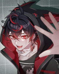  1boy absurdres bandages black_hair blood collarbone commentary cross cross_earrings earrings english_commentary eyebrow_piercing highres hood hooded_jacket jacket jewelry kuro_kurenai long_sleeves looking_at_viewer multicolored_hair open_mouth piercing red_eyes red_hair safety_pin short_hair smile solo stitches teeth tile_wall tiles tongue upper_body vshojo zen8ze 