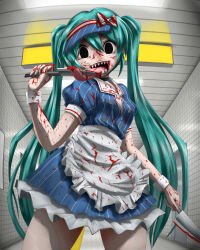  1girl 2girls absurdres apron black_eyes blood blood_on_arm blood_on_clothes blood_on_face bloody_knife blue_dress blue_eyes blue_hair blue_hat bow commentary_request cowboy_shot dress dual_wielding empty_eyes frilled_apron frilled_dress frills hair_between_eyes hat hatsune_miku highres holding indoors kazu-chan knife licking licking_blade licking_weapon long_hair long_tongue looking_at_viewer medium_bangs mesmerizer_(vocaloid) multiple_girls open_mouth puffy_short_sleeves puffy_sleeves red_bow sharp_teeth short_sleeves smile solo striped_bow striped_clothes striped_dress teeth the_exit_8 tile_wall tiles tongue vertical-striped_clothes vertical-striped_dress very_long_hair visor_cap vocaloid waist_apron weapon white_apron white_bow wrist_cuffs 