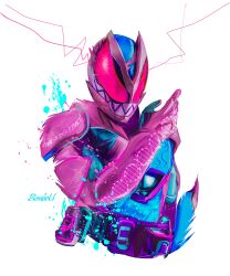  1boy absurdres armor blue_armor bodysuit highres kamen_rider kamen_rider_revi kamen_rider_revice male_focus obakelope0530 pink_armor pink_bodysuit pink_eyes power_armor revice_driver simple_background solo upper_body white_background 