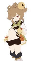  1girl absurdres bad_id bad_twitter_id bell big_belly bike_shorts braid brown_hair cleft_of_venus clothes_pull female_focus flat_color fur-trimmed_footwear fur_trim genshin_impact hair_bell hair_ornament highres inflation innerkey_(kgfw5338) jingle_bell loli looking_at_viewer naughty_face navel one_eye_closed pink_eyes pregnant pregnant_loli pulling_own_clothes pussy short_hair shorts shorts_pull simple_background smile solo standing stomach_bulge two_side_up unfinished white_background yaoyao_(genshin_impact)  rating:Explicit score:239 user:danbooru