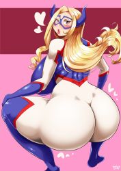  10s 1girl ass blonde_hair blush bodysuit boku_no_hero_academia boots breasts butt_crack domino_mask female_focus half-closed_eyes heart highres hip_focus horns huge_ass huge_breasts long_hair looking_at_viewer looking_back mask mount_lady niwatora open_mouth pink_background purple_eyes simple_background sitting skin_tight solo squatting thick_thighs thighs wide_hips  rating:Questionable score:91 user:Javom