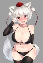  1girl animal_ears bad_id bad_pixiv_id bare_shoulders bikini black_bikini black_thighhighs blush breasts cleavage cowboy_shot embarrassed fang front-tie_bikini_top front-tie_top grey_background hat head_tilt highres inubashiri_momiji large_breasts looking_at_viewer navel red_eyes red_hat short_hair side-tie_bikini_bottom simple_background solo stomach sweat swimsuit tail thigh_gap thighhighs tojo_aoi tokin_hat touhou white_hair wolf_ears wolf_tail  rating:Sensitive score:43 user:danbooru