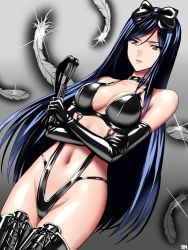 10s 1girl blue_eyes blue_hair bondage_outfit bow breasts collar dominatrix elbow_gloves feathers gloves hair_bow kurihara_mari_(prison_school) large_breasts long_hair looking_at_viewer matching_hair/eyes navel prison_school sen_(sansui) shiny_clothes solo thighhighs whip rating:Questionable score:87 user:danbooru