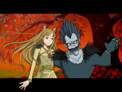  1girl animal_ears apple brown_hair crossover death_note food fruit highres holo long_hair meme outdoors outside_border ryuk shinigami spice_and_wolf sunset tree vector_trace wallpaper wolf_ears  rating:Sensitive score:27 user:Liebeslied