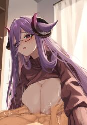 1boy 1girl abs azur_lane black-framed_eyewear breast_cutout breasts cleavage collared_sweater curled_horns framed_breasts friedrich_carl_(a_game_of_love)_(azur_lane) friedrich_carl_(azur_lane) grabbing grabbing_another&#039;s_breast hair_between_eyes highres horns huge_breasts indoors long_hair long_hair_between_eyes long_sleeves looking_at_another mature_female mekasouru mole mole_under_mouth motion_lines multicolored_horns official_alternate_costume paizuri purple_eyes purple_hair red_sweater semi-rimless_eyewear sweater transparent_curtains very_long_hair 