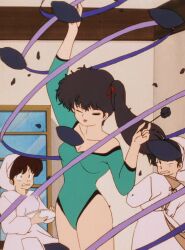  1990s_(style) 3girls bare_legs black_hair blue_eyes breasts cleavage green_leotard holding holding_weapon kunou_kodachi leotard long_hair looking_at_viewer multiple_girls ponytail ranma_1/2 retro_artstyle ribbon screencap side_ponytail surprised third-party_edit weapon wide_hips wind 