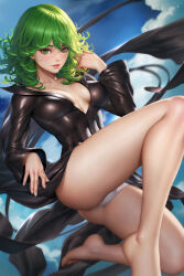  1girl ass barefoot black_dress breasts cloud cloudy_sky collarbone collared_dress covered_erect_nipples curly_hair dress feet green_eyes green_hair highres knee_up legs medium_hair neoartcore one-punch_man paid_reward_available panties patreon_username plunging_neckline sky small_breasts solo tatsumaki toenails toes underwear white_panties wind wind_lift  rating:Sensitive score:91 user:danbooru