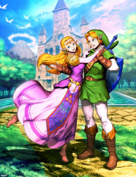  1boy 1girl belt bird blonde_hair blue_eyes boots breasts brown_footwear brown_gloves building couple day dress earrings elf fingerless_gloves full_body genzoman gloves green_headwear green_shirt green_tunic grin happy hat hetero holding_hands hylian_shield interlocked_fingers jewelry link long_dress long_hair looking_at_another looking_at_viewer master_sword mountain naughty_face nintendo open_mouth outdoors pantyhose parted_bangs path pink_dress pointy_ears princess_zelda purple_dress red_belt road shield shield_on_back shirt short_hair sky smile standing straight_hair sword sword_behind_back temple the_legend_of_zelda the_legend_of_zelda:_ocarina_of_time tiara tree triforce water weapon white_pantyhose  rating:Sensitive score:18 user:Amae