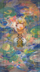  1girl absurdres arknights baiyun_su_tan-ann bare_shoulders blonde_hair blue_hair blurry blurry_border border chinese_commentary commentary_request cowboy_shot dragon_girl dragon_horns green_eyes grey_hair hair_intakes highres horns jewelry long_hair looking_up multicolored_hair necklace own_hands_together praying shu_(arknights) slit_pupils solo surreal watermark weibo_logo 
