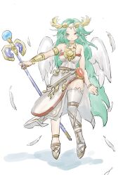  1girl breasts chain diadem feathers full_body gold_chain green_eyes green_hair highres holding holding_staff kid_icarus kid_icarus_uprising long_hair mono_(monomono1998) nintendo palutena single_thighhigh solo staff thighhighs vambraces very_long_hair wings 