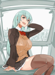  1girl :d aqua_hair bow bowtie brown_jacket brown_skirt brown_thighhighs cardigan commentary_request ferris_wheel_interior grey_eyes hair_ornament hairclip hand_in_own_hair highres jacket kantai_collection long_hair looking_at_viewer open_clothes open_jacket open_mouth pleated_skirt red_bow red_bowtie school_uniform sitting skirt smile solo suzuya_(kancolle) suzuya_kai_ni_(kancolle) thighhighs yamaioni_(sasakama) 