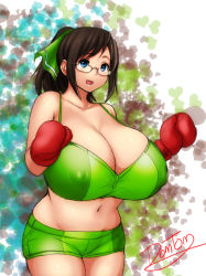  1girl bare_shoulders blue_eyes boxing breasts brown_hair cleavage dominic_tomatto female_focus glasses highres huge_breasts long_hair navel open_mouth original plump ponytail shorts solo standing tank_top 