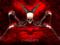 3d barbed_wire bug butterfly chibi_karu-san deino_(deino3330) glowing glowing_eye insect mechanical no_humans one-eyed original red_eyes skull