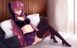  10s 1girl akuma_no_riddle bed boots breasts cleavage drill_hair forscience high_heels inukai_isuke long_hair looking_at_viewer medium_breasts pink_hair pleated_skirt purple_skirt skirt smile solo thigh_boots thighhighs thighs very_long_hair yellow_eyes  rating:Sensitive score:47 user:purpleheart