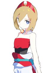  1girl aoi_(altea0923) arm_behind_back blonde_hair blue_eyes closed_mouth commentary_request creatures_(company) game_freak hairband highres irida_(pokemon) jewelry neck_ring nintendo pokemon pokemon_legends:_arceus red_hairband red_shirt sash shirt shorts simple_background solo strapless strapless_shirt waist_cape white_background white_shorts 