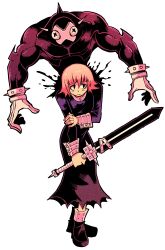  1boy 1girl 1other absurdres androgynous black_dress black_eyes black_footwear closed_mouth crona_(soul_eater) cuff_links dress highres holding holding_sword holding_weapon hunched_over long_sleeves looking_at_viewer pink_hair ragnarok_(demon_sword) shoes short_hair soul_eater sword vakodraws weapon x_x 
