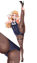  1girl :d absurdres armpits ass bad_id bad_pixiv_id bare_shoulders black_footwear blonde_hair blue_eyes blue_one-piece_swimsuit breasts brown_pantyhose cameltoe cleavage cleft_of_venus collarbone covered_navel elf era_(erasion) fangs fat_mons fingernails grin hand_on_ankle hands_up heart heart-shaped_pupils heroes_of_incredible_tales high_heels highres kiki_(heroes_of_incredible_tales) leg_lift leg_up long_hair looking_at_viewer name_tag old_school_swimsuit one-piece_swimsuit open_mouth pantyhose pantyhose_under_swimsuit pointy_ears school_swimsuit shoes simple_background skin_tight sleeveless small_breasts smile solo split spread_legs standing standing_on_one_leg standing_split swimsuit symbol-shaped_pupils teeth thighband_pantyhose thong v white_background  rating:Questionable score:191 user:danbooru