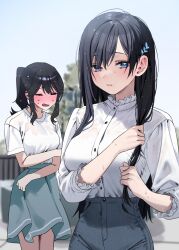  2girls black_hair blue_eyes blue_pants blue_skirt blurry blush breasts character_request chigusa_minori closed_eyes collared_shirt commentary_request day denim depth_of_field dress_shirt highres jitsuha_imouto_deshita. large_breasts long_hair looking_at_viewer multiple_girls open_mouth outdoors pants parted_lips ponytail shirt shirt_tucked_in short_sleeves sidelocks skirt sleeves_past_elbows sweat tsukimori_yui wet white_shirt 