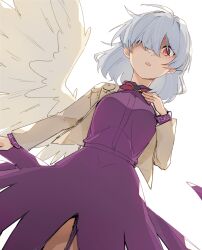  1girl absurdres angel_wings arm_at_side bow bowtie breasts brooch commentary_request cowboy_shot d: dress from_below grey_hair hair_over_one_eye hand_on_own_chest hand_up highres idaku jewelry kishin_sagume large_breasts medium_hair open_mouth parted_lips purple_dress red_bow red_bowtie red_eyes simple_background single_wing solo thigh_gap touhou white_background wings 