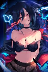1girl ahoge animal_ears arms_behind_back bare_shoulders black_bra black_hair bra breasts bug building butterfly curly_hair disgust electricity floral_print glowing glowing_eye highres insect jacket jewelry large_breasts long_hair navel necklace night nozomi_(the0neulost) original pantyhose red_eyes rose_print sad sweat the0neulost thighs underwear window