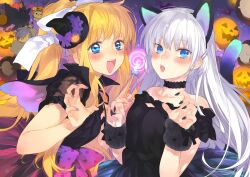 2020 2girls :d air_(visual_novel) alternate_costume animal_ears bare_shoulders bat_(animal) bird black_choker black_dress black_headwear black_nails black_tail black_wrist_cuffs blonde_hair blue_eyes blunt_ends blush bow candy cat_ears cat_tail character_doll choker collarbone commentary_request company_connection crossover crow dated_commentary dress eyelashes eyes_visible_through_hair fake_animal_ears fake_tail flying_sweatdrops food frilled_choker frills fur_cuffs hair_between_eyes hair_bow hair_ornament hairclip halloween halloween_costume hands_up hat hat_bow holding holding_candy holding_food holding_lollipop kamio_misuzu key_(company) kunisaki_yukito lollipop long_hair looking_at_viewer mini_hat multiple_girls nail_polish naruse_shiroha open_mouth paw_pose polka_dot polka_dot_bow ponytail potato_(air) puffy_short_sleeves puffy_sleeves pumpkin pumpkin_hat_ornament purple_bow purple_nails short_sleeves side-by-side sidelocks smile straight_hair summer_pockets tail teeth toujou_sakana upper_body upper_teeth_only very_long_hair white_bow white_hair witch_hat wrist_cuffs