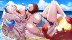  1girl afloat armlet azu_ryuna bare_legs between_breasts blue_shorts blue_sky blue_tube_top blush blush_stickers breasts choker cleavage cloud coconut coconut_cup commentary_request commission crab grey_hair hair_between_eyes hand_tattoo highres horns indie_virtual_youtuber innertube jewelry large_breasts legs long_hair looking_at_viewer lying medium_breasts necklace ocean on_back shorts skeb_commission sky solo strapless swim_ring swimsuit tattoo tube_top virtual_youtuber yayoi_maka yellow_eyes 