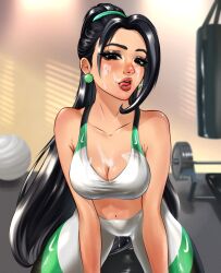  1girl absurdres all_fours black_eyes black_hair breasts cleavage cum cum_on_body cum_on_breasts cum_on_upper_body earrings facial genjiruu gym highres jewelry licking_lips long_hair medium_breasts pants ponytail sage_(valorant) solo sports_bra tongue tongue_out yoga_pants  rating:Explicit score:10 user:jeffj0189