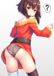 1girl ? ass bandaged_leg bandages bare_shoulders belt black_panties black_thighhighs brown_hair clothes_lift dress from_behind highres kono_subarashii_sekai_ni_shukufuku_wo! long_sleeves looking_at_viewer megumin off-shoulder_dress off_shoulder panties pensuke red_dress red_eyes see-through short_dress short_hair_with_long_locks simple_background single_thighhigh skirt_caught_on_object solo spoken_question_mark standing thighhighs underwear wardrobe_malfunction white_background rating:Questionable score:110 user:danbooru