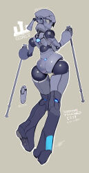 1girl ass back boots breasts doll_joints grey_background high_heel_boots high_heels highres joints large_breasts mechanical_arms namaniku_atk original ponytail robot robot_girl robot_joints short_hair sideboob simple_background skis white_eyes wide_hips 