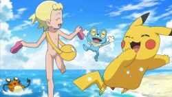  1girl beach blonde_hair bonnie_(pokemon) cleft_of_venus creatures_(company) game_freak loli nintendo nipples nude nude_filter pokemon pussy third-party_edit 