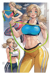  1girl abs ami_(roonsheen) black_pants blonde_hair blue_sports_bra breasts collage commentary english_commentary exercising green_eyes hair_ornament hair_scrunchie highres large_breasts looking_at_viewer low_twintails medium_hair midriff muscular muscular_female original pants pink_pants pink_sports_bra roonsheen rubber_band scrunchie smartwatch solo sports_bra striped_clothes striped_pants sweat thick_thighs thighs track_pants twintails vertical-striped_clothes vertical-striped_pants watch white_sports_bra wristwatch yellow_pants  rating:Sensitive score:25 user:danbooru