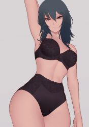  1girl absurdres arm_behind_back arm_up armpits bad_id bad_pixiv_id bare_arms black_bow black_bra black_panties blue_eyes blue_hair bow bow_panties bra breasts byleth_(female)_(fire_emblem) byleth_(fire_emblem) fire_emblem fire_emblem:_three_houses floral_print grey_background hair_between_eyes highres long_hair looking_at_viewer medium_breasts nintendo panties simple_background solo thick_thighs thighs underwear wide_hips zaki_(zaki_btw)  rating:Sensitive score:132 user:danbooru