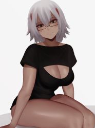  1girl absurdres bad_id bad_pixiv_id black_eyes blush boku_no_hero_academia breasts cleavage cleavage_cutout clothing_cutout glasses highres large_breasts looking_at_viewer meme_attire multicolored_hair open-chest_sweater red_hair short_hair simple_background smile solo sweater thighs todoroki_fuyumi white_background white_hair zaki_(zaki_btw)  rating:Sensitive score:145 user:danbooru