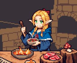  1girl :&gt; animated animated_gif blonde_hair blue_capelet blue_robe bowl braid brick_wall capelet choker dungeon_meshi elf female_focus fire food french_braid green_eyes holding holding_bowl holding_spoon long_hair long_sleeves looking_at_viewer marcille_donato menu_board mushroom pixel_art pointy_ears pp_(_ppinha) raw_meat red_choker robe solo solo_focus soup spoon twin_braids upper_body  rating:General score:35 user:_ppinha