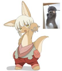  1other :3 androgynous animal animal_ears body_fur brown_fur colored_eyelashes dog furry gyaru_v hand_on_own_hip highres jitome looking_at_viewer made_in_abyss meme nanachi_(made_in_abyss) open_mouth other_focus pants pouch puffy_pants rabbit_ears red_pants reference_photo short_hair sidelocks simple_background smile solo standing tail uis0 v whiskers white_background yellow_eyes  rating:General score:7 user:danbooru
