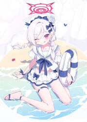  blue_archive braid deadnooodles full_body looking_at_viewer mutsuki_(blue_archive) one_eye_closed purple_eyes smile swimsuit white_hair 