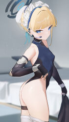  1girl ass bare_shoulders black_leotard blonde_hair blue_archive blue_eyes blue_leotard blurry blurry_background breasts cowboy_shot earphones elbow_gloves female_focus fingerless_gloves from_side gloves halo highleg highleg_leotard highres leotard loli looking_at_viewer looking_to_the_side maid_headdress mechanical_halo nuda short_hair small_breasts solo thigh_strap toki_(blue_archive) two-tone_leotard  rating:Sensitive score:99 user:danbooru