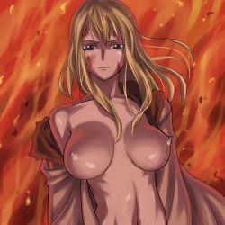  1girl blonde_hair breasts breasts_apart fire huge_breasts mature_female mosha nico_olvia nipples no_bra one_piece open_clothes open_shirt orange_background shirt solo torn_clothes  rating:Questionable score:75 user:danbooru