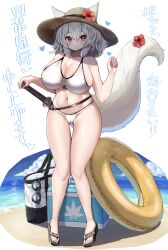  1girl animal_ears bag beach bikini black_footwear blush breasts brown_headwear cameltoe cleavage cleft_of_venus closed_mouth commentary_request flower full_body glasses heart highres horizon huge_breasts innertube inubashiri_momiji navel ocean onomiya red_eyes red_flower sandals short_hair smile solo swim_ring swimsuit tail tail_flower tail_ornament touhou translation_request white_background white_bikini white_hair wolf_ears wolf_girl wolf_tail 