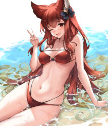  1girl ;d animal_ears anthuria bikini black_ribbon breasts commentary_request erune granblue_fantasy highres koretsuki_azuma looking_at_viewer medium_breasts navel one_eye_closed open_mouth partially_submerged red_bikini red_eyes red_hair ribbon smile solo swimsuit v water 