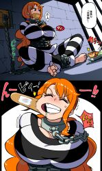  1girl anger_vein barefoot bdsm bondage bound bread breasts brick_wall chain clenched_teeth closed_eyes crossed_legs feet food gag highres huge_breasts large_breasts long_hair nami_(one_piece) one_piece orange_hair prison prison_cell prison_clothes prisoner rebake teeth toes translation_request  rating:Sensitive score:66 user:anon-sama2